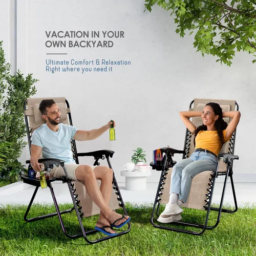 Vista 9 de Nestl Zero Gravity - Juego de 2 sillas de patio al aire libre con almohadas y bandejas portavasos, silla de campamento reclinable de malla de acero