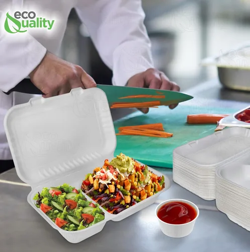 Vista 8 de Compostable 2 compartimentos rectangulares con bisagras Clamshell Take Out Contenedores de alimentos 9x6x3,Calidad resistente desechable para llevar