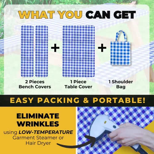 Vista 7 de RNOONY Mantel de vinilo ajustable para mesa de picnic con fundas de banco y bolsa, mantel de picnic impermeable para exteriores de 6 pies con bordes