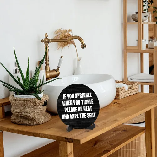 Vista 4 de Letrero rústico y divertido de baño con soporte, texto en inglés «Please Be Neat And Wipe The Seat», letrero con cita para inodoro de granja