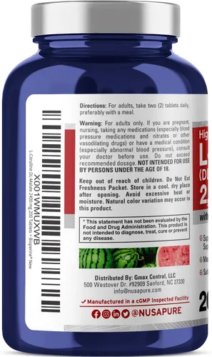 Vista 3 de NusaPure L-Citrulina 2,400 mg 200 tabletas vegetarianas (sin OMG, sin gluten, suministro para 100 días, bioperina)