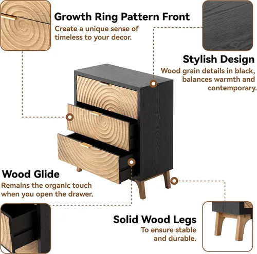 Vista 3 de LONYKE Cómoda de granja de 3 cajones totalmente montada con diseño de anillo de madera hecho a mano, mesita de noche negra para dormitorio, rústico