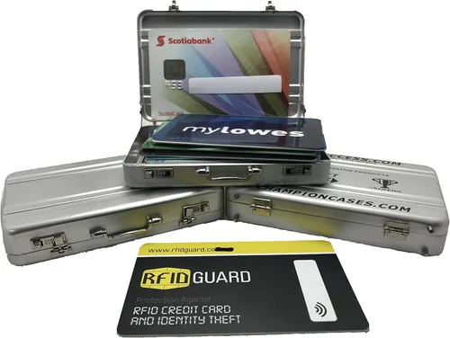 Vista 4 de Cartera de aluminio RFID para tarjetas de crédito, diseño de mini maletín para evitar que la tarjeta de crédito electrónica y las tarjetas de débito