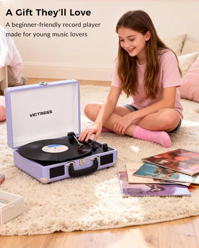 Vista 12 de Tocadiscos de maleta portátil Bluetooth con altavoces estéreo, tocadiscos de 3 velocidades, grabación USB a digital, conector RCA/AUX