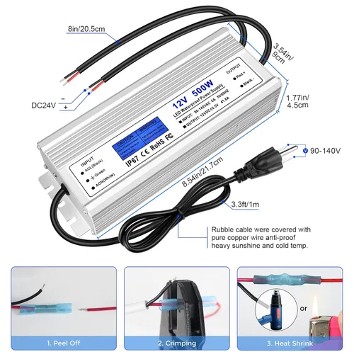 Vista 4 de Controlador LED de 500 vatios, fuente de alimentación impermeable IP67 de 12 V, CA 90-140 V a CC 12 V 41.67 A transformador de bajo voltaje
