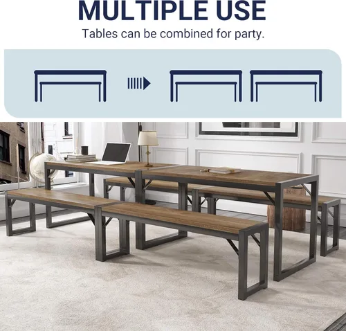 Vista 13 de Allewie Juego de mesa de comedor de 3 piezas con bancos, comedor de metal resistente que ahorra espacio para cocina, sala de estar, estudio, patas
