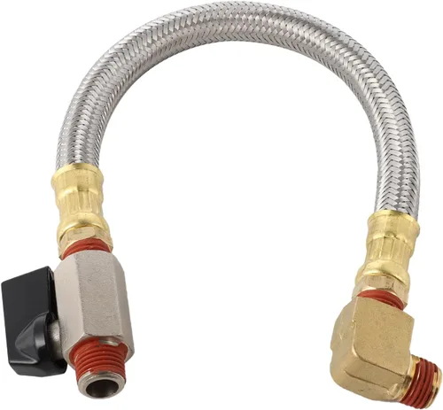 Vista 2 de Manguera de acero trenzada de 10 pulgadas NPT de 1/4 de pulgada, adaptador de latón de 1/4 a 3/8 pulgadas, válvula de drenaje y codo para compresor