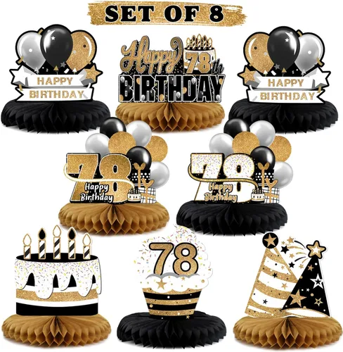 Vista 9 de LINGTEER Decoración de mesa de papel para pastel de 10 cumpleaños, color negro y dorado - Juego de 8 piezas, globos de estrella de pastel, centro