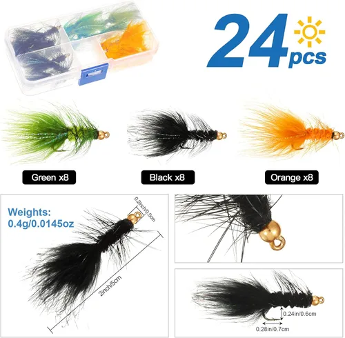 Vista 2 de 24 piezas Woolly Bugger Streamer - Moscas de pesca con mosca, ninfa, trucha, surtido, serpentina, moscas de pesca con caja para moscas