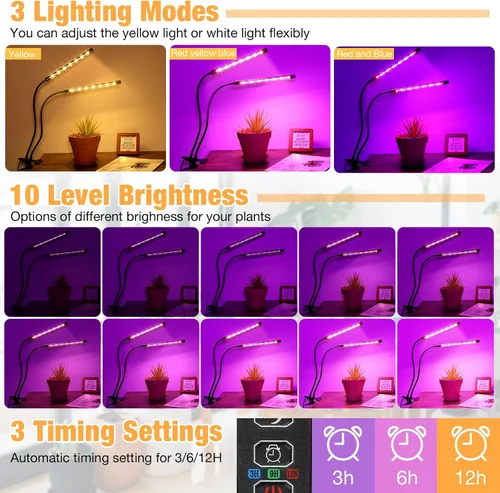 Vista 2 de luces LED de crecimiento (2 paquetes), luz de planta de espectro completo con 2 cabezas rojas, azules y blancas con abrazadera para plantas
