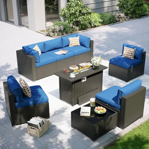 Vista 21 de Aoxun Juego de muebles de patio, 7 piezas de sofás modulares para exteriores con funda impermeable, muebles de mimbre para exteriores, juego