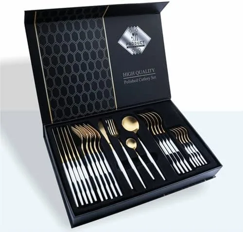 Vista 11 de Juego de cubiertos de cubiertos de acero inoxidable, juego de vajilla de 24 piezas, estilo europeo, cuchillo tenedor, cuchara de regalo, caja