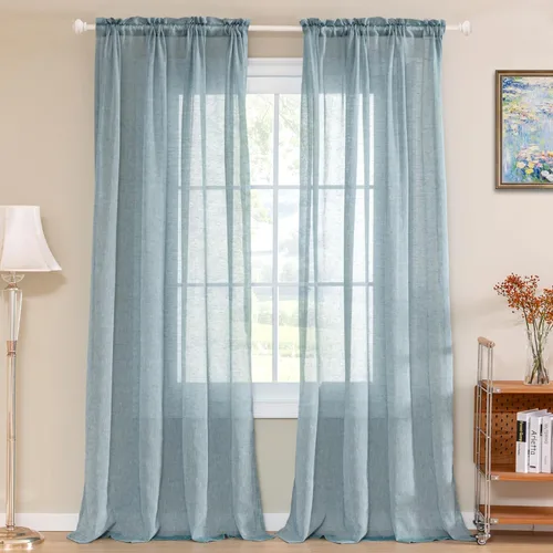 Vista 21 de Turquoize - Cortinas semitransparentes para sala de estar, cortinas de lino texturizado para dormitorio, con bolsillo para barra, tratamiento