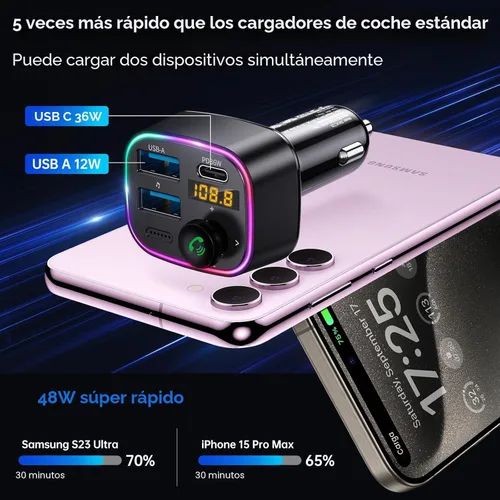 Vista 3 de Syncwire Bluetooth 5.4 Transmisor FM Adaptador de coche 48W (PD 36W y 12W) [Interruptor de luz] [Sonido de bajo HiFi] [Carga rápida] Adaptador