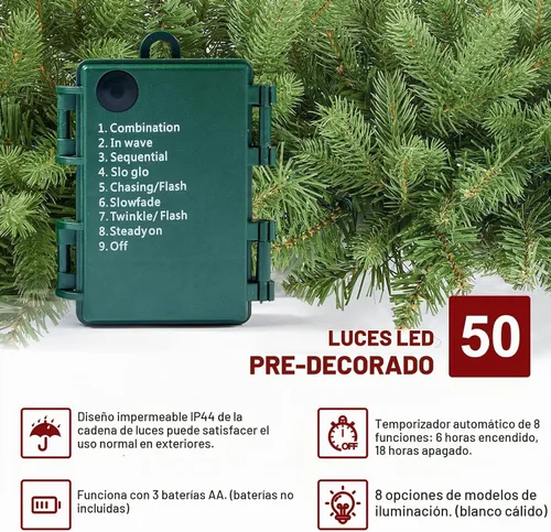 Vista 3 de Guirnalda de Navidad artificial preiluminada de 9 pies con 50 luces LED, funciona con pilas, decoraciones navideñas con rama de 300 puntas