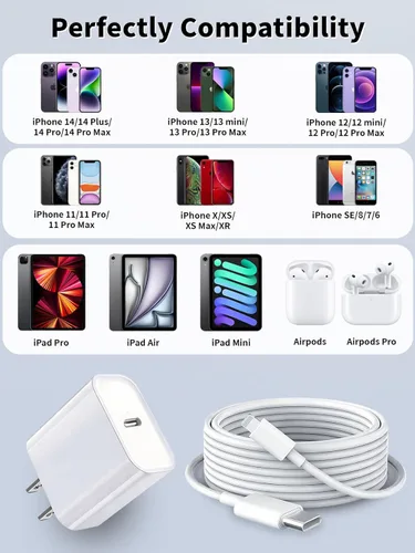 Vista 7 de Cargador rápido para iPhone, 10 pies y 20 W [certificado Apple MFi] USB tipo C, bloque de carga rápida, cargador Lightning para iPhone con cable