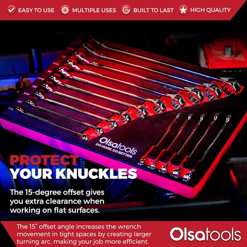 Vista 5 de Olsa Tools Juego de llaves combinadas SAE de 15 piezas, acero al cromo vanadio, extremo de caja de precisión de 12 puntos, irrompible