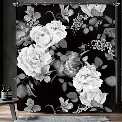 Cortina de ducha de baño floral blanco y negro con flores de peonía floreciente moderna para mujeres y niñas, 60 pulgadas de ancho por 71 pulgadas
