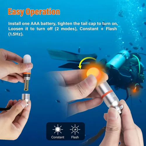 Vista 3 de ORCATORCH SD01PRO Luz de Señal de Buceo Mejorada y Brillante, Faro Sumergible Mini Marcador de Tanque con Modos Constante y Parpadeante, para Buceo