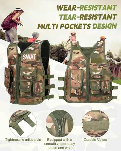 Vista 4 de SATINIOR Chaleco táctico para niños, chaleco de combate del ejército al aire libre con medio dedo, guantes cortos transpirables