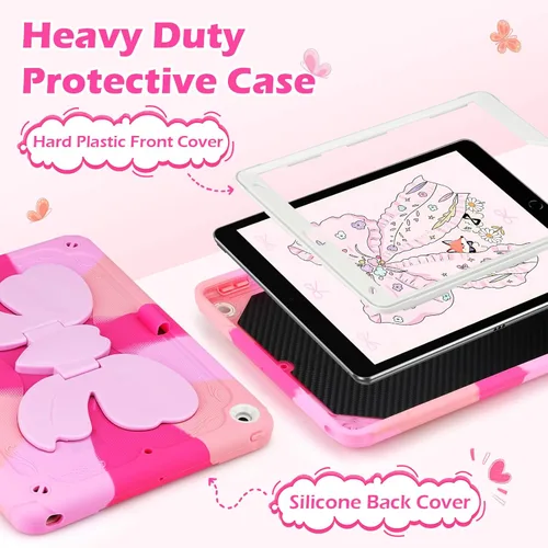 Vista 3 de VOFUOE Funda para iPad de 9ª/8ª/7ª generación para niños y niñas, con soporte de lazo dulce, correa para el hombro, soporte para lápices, funda