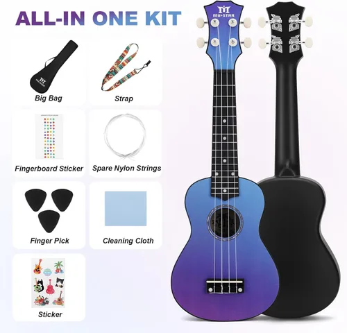Vista 7 de Ukelele Soprano MUSTAR, Ukelele de Tilo de 21 Pulgadas para Principiantes, Kit de Ukeleles con Bolsa de Concierto, Correa, Púas, Paño, Adhesivo