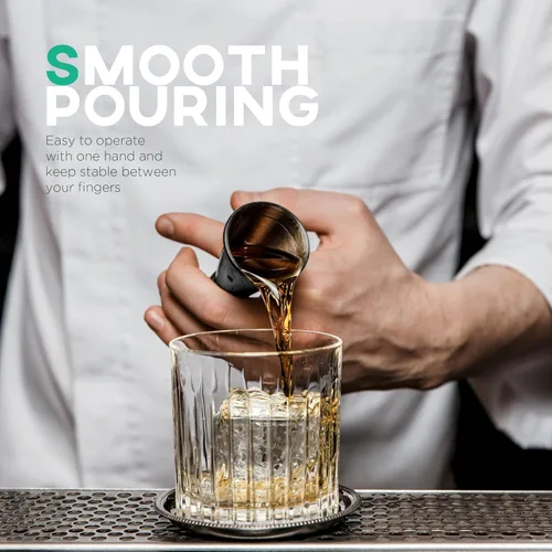 Vista 3 de Homestia Jigger japonés – Medidor doble de cóctel para camarero, jigger de cobre con medidas en el interior, herramientas de barra de acero
