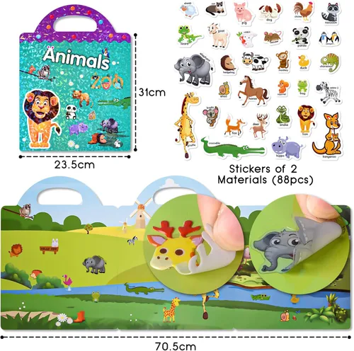 Vista 2 de ASTARON Libro de calcomanías reutilizables para niños pequeños, 88 piezas de calcomanías de animales, actividades para viajes por carretera