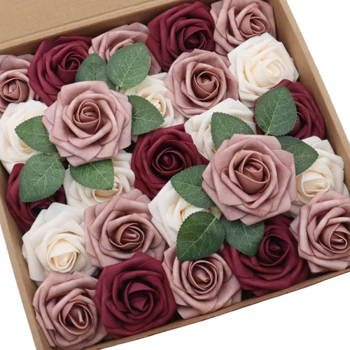 D-Seven 25 piezas de flores artificiales color crema y rosa polvorienta y rosa burdeos con tallo para ramos de boda, arco, arreglos florales, telón