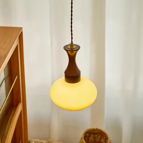 Vista 2 de Orange Gradient Glass Pendant Light Mid Century Vintage Wood Chandelier Height Adjustable Ceiling Hanging Lighting for Bedroom Hallway Living Room