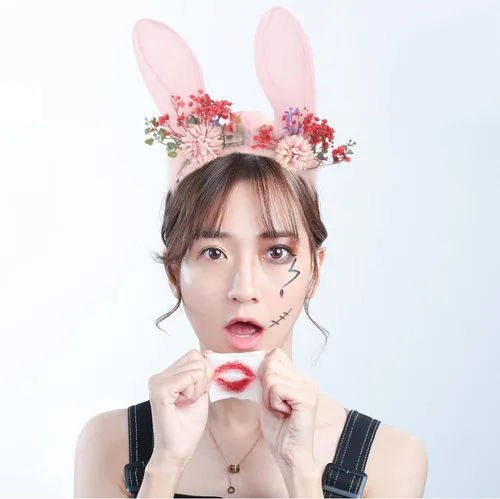Vista 4 de Beaupretty Diadema de orejas de conejo, diadema larga con orejas de conejo con flores, orejas de conejo de Pascua, conejo, cosplay, accesorios