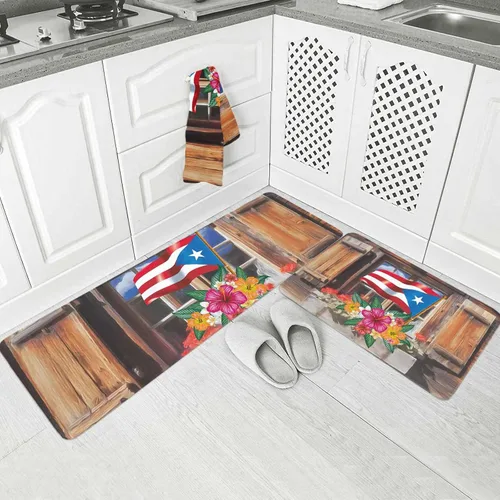Vista 2 de Chucoco Alfombras y tapetes de cocina con diseño de flor de hibisco con bandera de Puerto Rico, 2 piezas, tapete de madera para casa, cómodo
