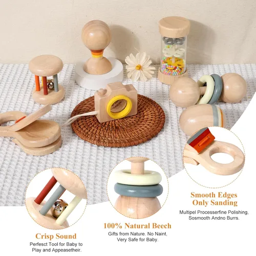 Vista 2 de WODI - Juguete de madera para bebé, 7 piezas, juguetes Montessori para bebés de 0-3-6-12 meses, juego de sonajeros de madera de mano para bebés