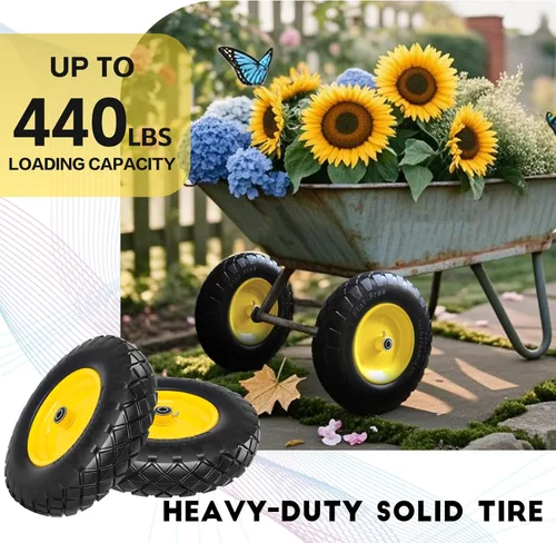 Vista 3 de Neumático y rueda sólidos para carretilla 4.80/4.00-8, neumático sin aire de 16" con cubo centrado de 3", rodamientos de 5/8" y 3/4", compatible