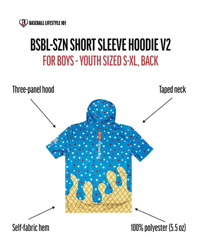 Vista 4 de Baseball Lifestyle 101 BSBL SZN - Sudadera con capucha de manga corta con bolsillo frontal V2, tallas de helado para jóvenes, S a XL