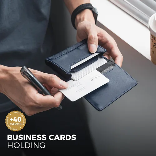 Vista 2 de VULKIT Tarjetero de cuero de primera calidad con bloqueo RFID con ventana de identificación, cierre magnético con capacidad para hasta 40 tarjetas