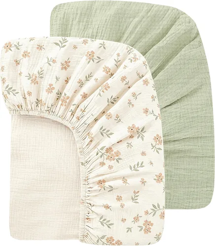Vista 11 de Sábanas orgánicas para cuna de bebé de 33 x 17 pulgadas, 100% algodón de muselina para bebé, niña, niño, funda de colchón ajustable suave compatible