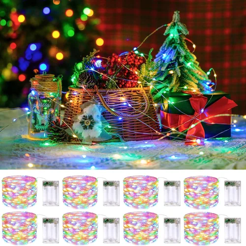 Vista 24 de JMEXSUSS Paquete de 4 unidades de 50 luces LED multicolor de hadas operadas por batería, cada una de 16 pies, luces de Navidad multicolor