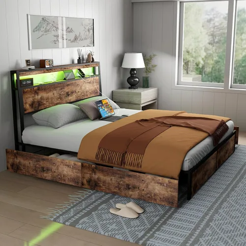 Vista 8 de SADENICEL Base de cama de tamaño matrimonial con almacenamiento, plataforma de cama de madera LED con cabecero, 4 cajones, estación de carga,