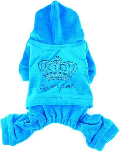 SMALLLEE_LUCKY_STORE Ropa para mascotas para perros pequeños y gatos, mono con capucha de terciopelo suave con corona, abrigo, pijama, chándal, Azul