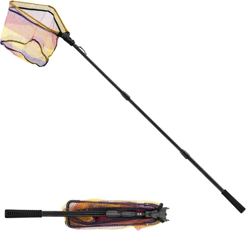 SANLIKE Fishing Net Folding Landing Net 98.4 in with Telescopic Pole and Handle Rubber Coated Mesh Corlorful Fishing Net for Fishing Freshwater