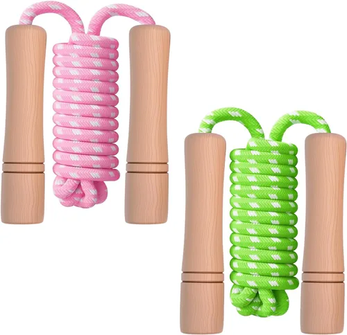 Vista 11 de Cuerda de saltar para niños – Mango de madera – Cuerda de saltar ajustable de algodón trenzado para niños pequeños fitness entrenamiento ejercicio
