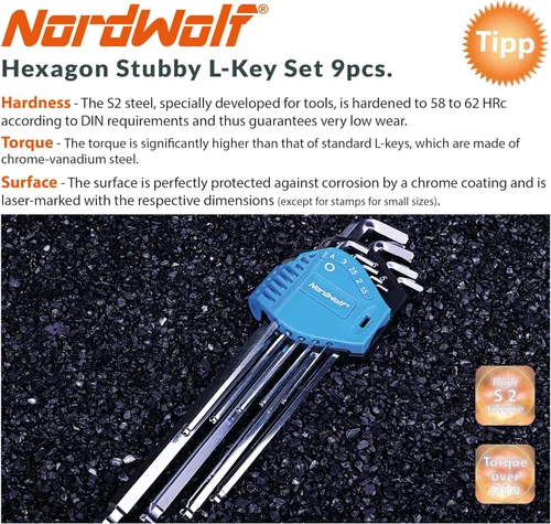 Vista 3 de NordWolf Juego de 9 llaves Allen métricas Stubby, llaves de brazo largo de acero S2 con extremo de bola hexagonal L, tamaños de 1,5 mm a 10 mm