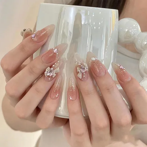 Uñas postizas a presión, uñas postizas de almendra francesa a presión, uñas postizas medianas y largas, uñas postizas con lazo 3D, uñas acrílicas
