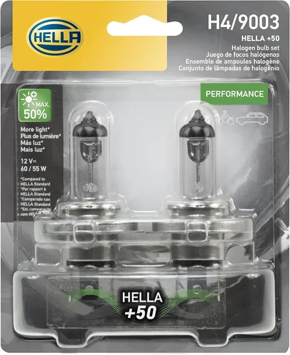 HELLA Bombilla de rendimiento H4P50TB +50, 12 V, 60/55 W, 2 unidades (paquete de 1)