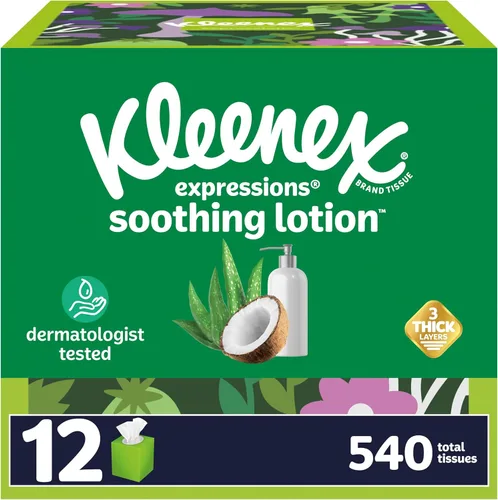 Kleenex Expressions Loción calmante para pañuelos faciales con aceite de coco, 12 cajas de cubos, 45 pañuelos por caja, 3 capas, el embalaje puede