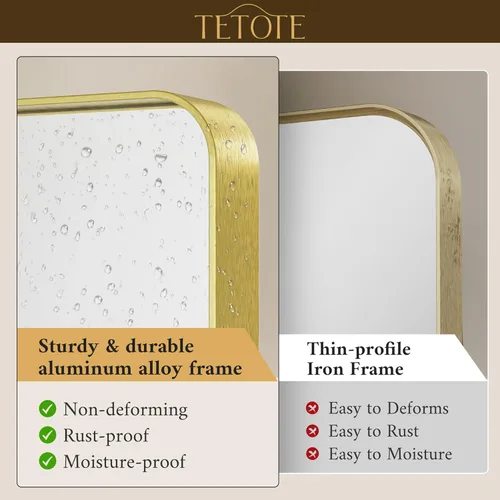 Vista 3 de TETOTE Espejo de marco dorado cepillado de 16 x 24 pulgadas, espejo de tocador de baño de latón dorado para pared, espejo enmarcado rectangular