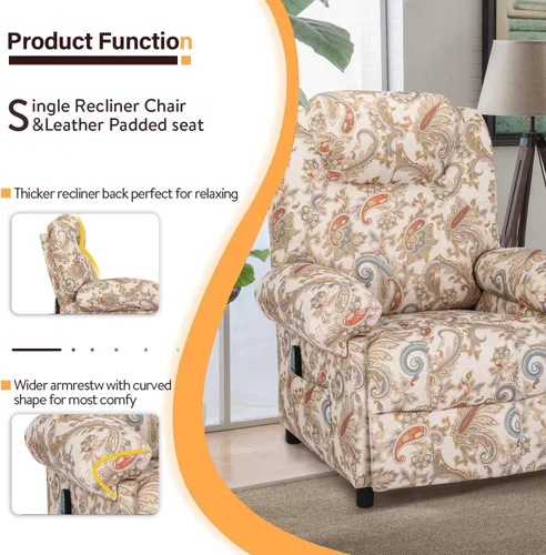 Vista 3 de KCREAM Recliner Chair Heated Reclining Chair Sofa Ergonomic Fabric Lounge Chair for Living Room Single Sofa Chair Padded Seat with 2 Side Pockets
