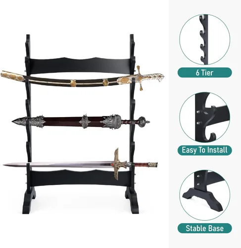 Vista 2 de lukar Soporte de espada de 6 niveles, soporte de exhibición de espadas multicapa, estante de madera para espadas, soporte de piso grande para Katana