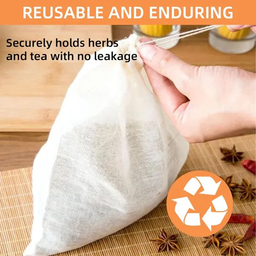 Vista 6 de TamBee Bolsa de té de malla de muselina con cordón de 3 x 4 pulgadas, bolsas de té reutilizables, bolsa de filtro de té para hojas sueltas, hierbas